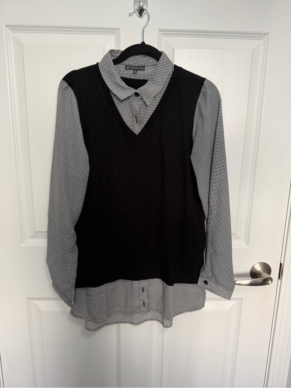 Adrianna Papell Black Sweater Vest Over Black-and-White Checked Button-Down